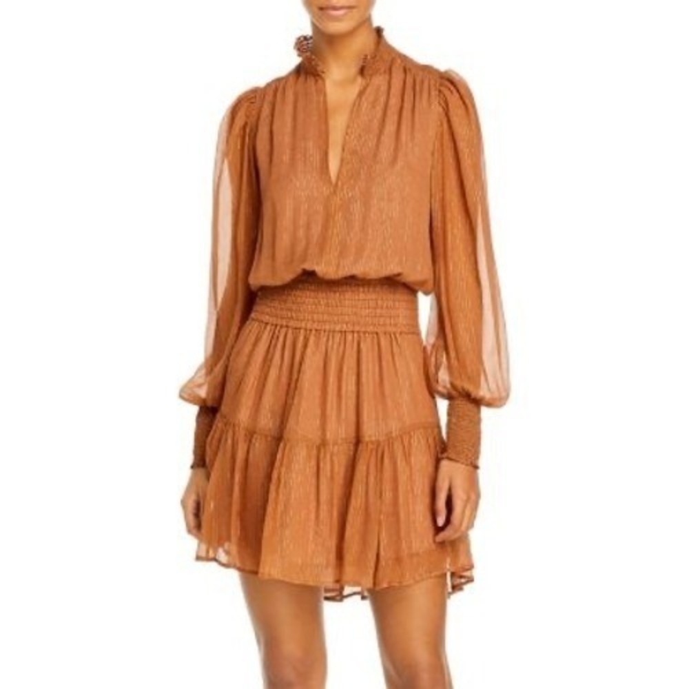 A.L.C. Silk Metallic Stripe Smocked Mini Dress Rust Brown Gold 4